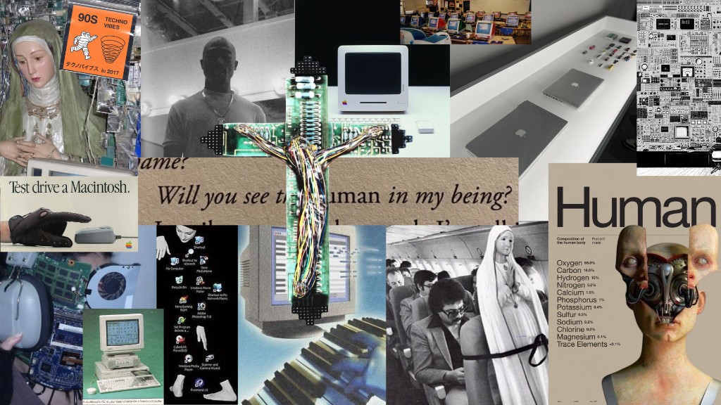 Collage exploring technology, retro computing, humanity, and spirituality